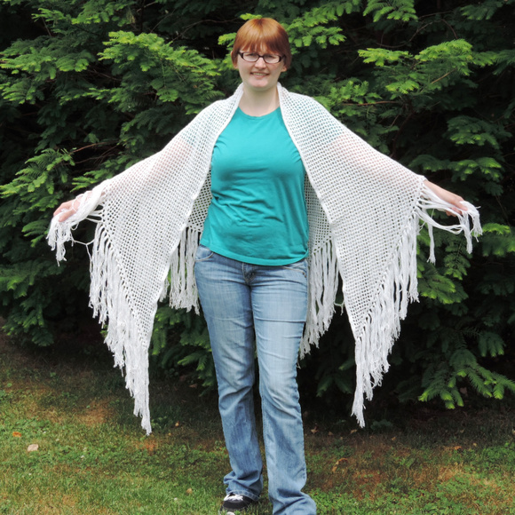 Crocheted White Lace Butterfly Shawl - Picture 5 of 6
